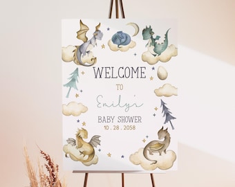 Dragon Baby Shower Welcome Sign Blue Green Dragons Poster Magical Fantasy Castle Mythical Medieval Party Decor Porch Sign EDITABLE AS03B