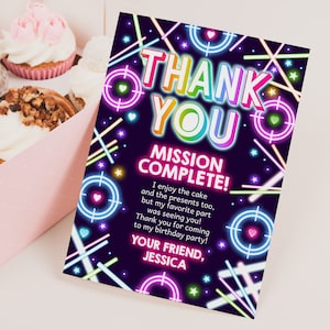 Laser Tag Thank You Card Girl Gamer Birthday Party Thank You Note Kids Tag Party Neon Glow Pink Rainbow Arcade Game Printable BT63P