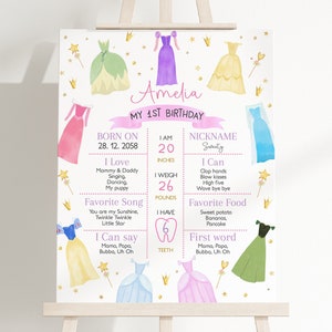 Letrero de hito de princesa, decoración para fiesta de primer cumpleaños de niña, póster de vestidos de princesa Érase una vez, vestido rosa de niña real EDITABLE AT14