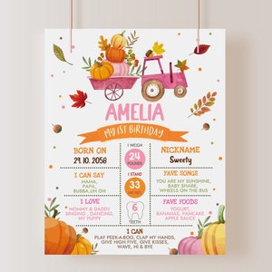Kürbis LKW Geburtstag Meilenstein Schild Mädchen 1. Geburtstag Dekor Herbst Herbst Blätter Rosa Kürbis Patch Poster EDITIERBAR BT26P