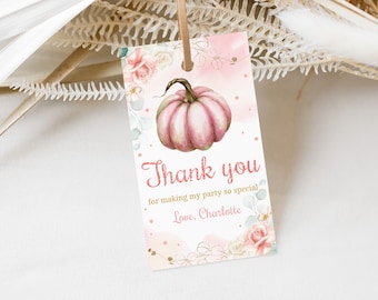 May include: Pink and white watercolor pumpkin with gold accents on a pink and white background with floral accents. The text reads "Thank you for making my party so special. Love, Charlotte."