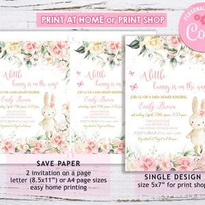 May include: Printable baby shower invitation featuring a cute bunny rabbit with pink flowers and butterflies. The invitation says "A little bunny is on the way!" and includes the text "Join us for a baby shower honoring Emily Brown, Saturday April 28th from 2:00 pm. Emily's House, 369 Bunny Ave, Las Vegas, Nevada 89109. RSVP Anna 702-955-1909. Registered at Target and Amazon."