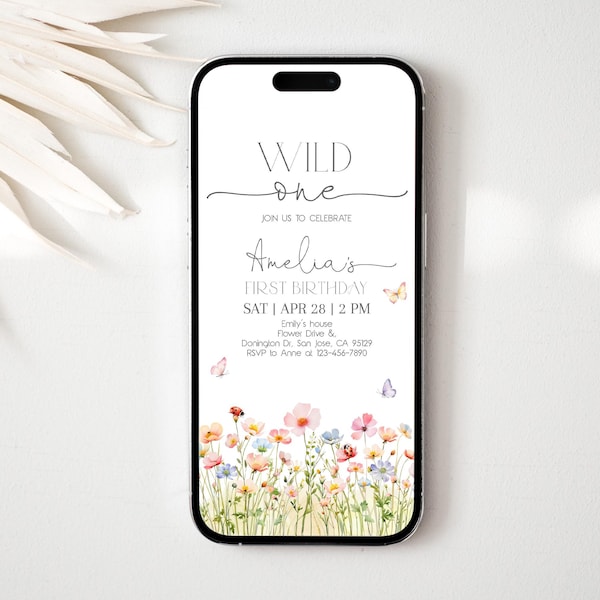 Wild One Birthday Evite Wildflower Digital Invitation Spring Flowers Floral Butterfly Mobile Phone Electronic Text Invite EDITABLE AT69P