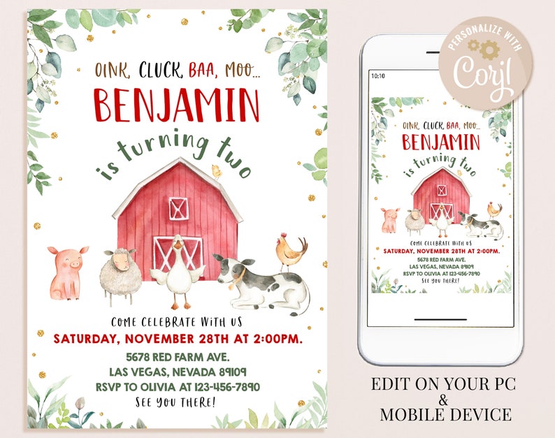 Farm Birthday Invitation Barn Animals Boy Girl Birthday Party Invite ...