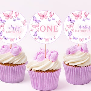 Adornos de mariposas para cupcakes de cumpleaños, decoración para el primer cumpleaños de niña, mariposas rosas y moradas, etiquetas florales para postres de primavera y fiesta en el jardín, imprimibles BT93V