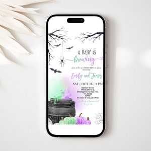 Halloween Gender Reveal Evite A Baby is Brewing Witch Shower Green Purple Invitation Mobile Phone Electronic Text Invite EDITABLE BS66X