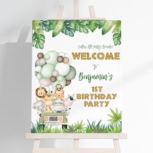 Safari Geburtstag Willkommensschild Dschungel Tiere Junge Wild One Birthday Poster Zoo Tropisch Luftballons Party Dekor Gold Grün Veranda EDITIERBARE BT96G