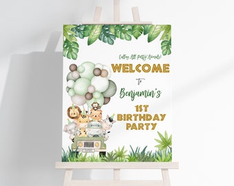 Safari Birthday Welcome Sign Jungle Animals Boy Wild One Birthday Poster Zoo Tropical Balloons Party Decor Gold Green Porch EDITABLE BT96G
