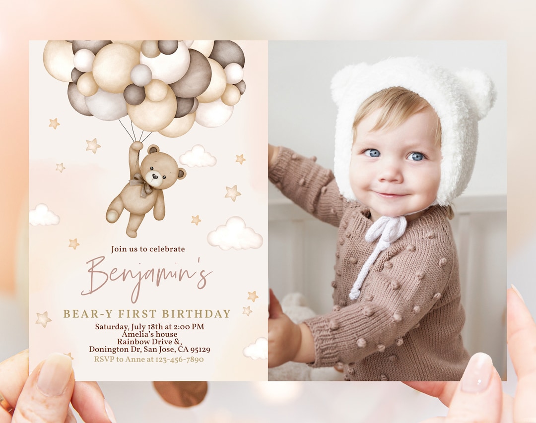 Teddy Bear Birthday Photo Invitation Beary 1st First Birthday Party ...
