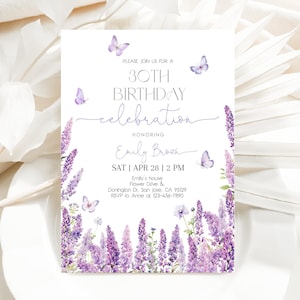 Puede incluir: Invitación de cumpleaños floral morada con mariposas y el texto "PLEASE JOIN US FOR A 30TH BIRTHDAY celebration HONORING Emily Brook SAT | APR 28 | 2 PM Emily's house Flower Drive & Donington Dr. San Jose, CA 95129 RSVP to Anne at 123-456-7890"