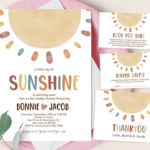 Sunshine Baby Shower Invitation Suite A Little Ray Of Sunshine Invite Bundle Boho Sun Gender Neutral Party Pack Baby Sprinkle EDITABLE BS25