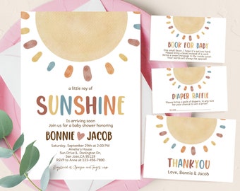 Sonnenschein-Babyparty-Einladungs-Einladungs-Reihe Ein kleiner Sonnenstrahl laden Bündel Boho-Sonne-Gender-Neutral-Party-Pack-Baby-Sprenkel EDITIERBARE BS25 ein