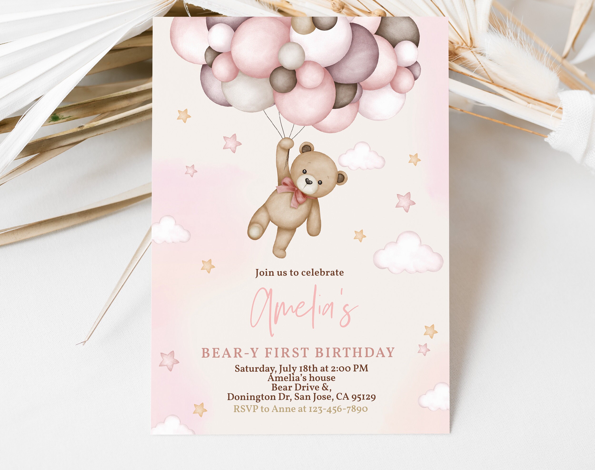Pink Teddy Bear Birthday Invitation Beary 1st First Birthday Party ...