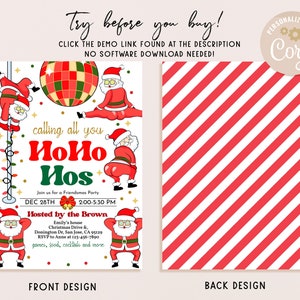 Pu&ograve; includere: Un invito a una festa di Natale con uno sfondo a strisce rosse e bianche. Il fronte dell'invito presenta un Babbo Natale dei cartoni animati che tiene una palla da discoteca e il testo "calling all you HoHo Hos". Il retro dell'invito &egrave; un motivo a strisce rosse e bianche.