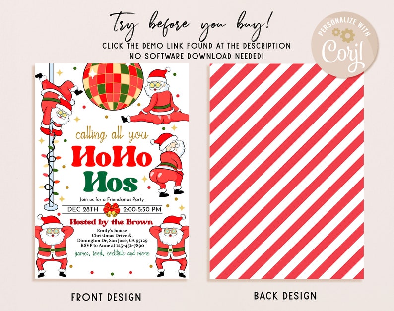 Pu&ograve; includere: Un invito a una festa di Natale con uno sfondo a strisce rosse e bianche. Il fronte dell'invito presenta un Babbo Natale dei cartoni animati che tiene una palla da discoteca e il testo "calling all you HoHo Hos". Il retro dell'invito &egrave; un motivo a strisce rosse e bianche.