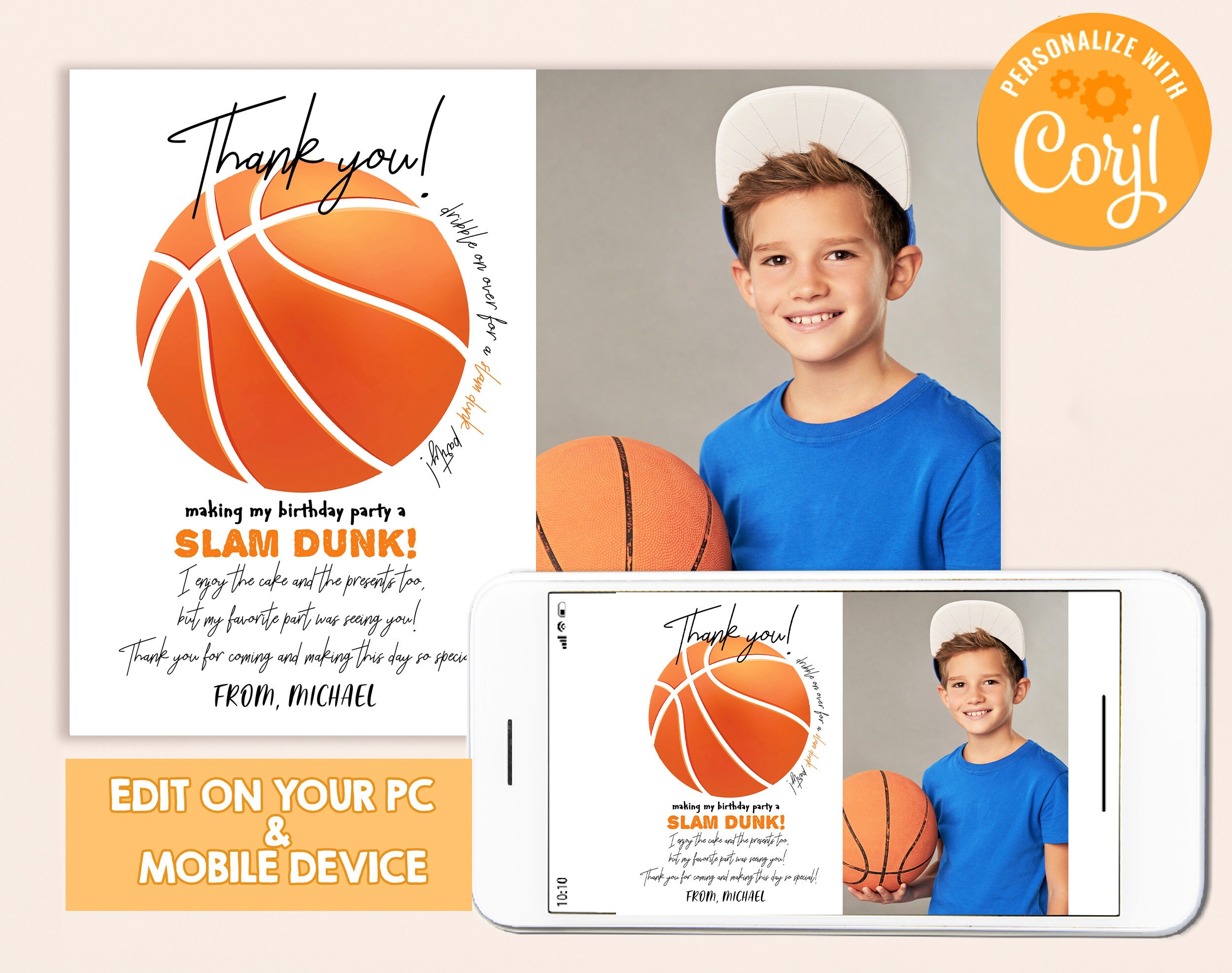Basketball Photo Thank You Card Boy Girl Birthday Party Sports Team All ...