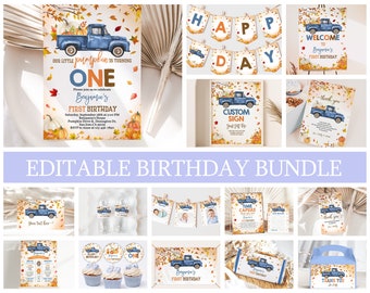 Può includere: Set stampabile modificabile per una festa di primo compleanno a tema autunnale. Il set include un cartello di benvenuto, un cartello personalizzato, una capsula del tempo, un'etichetta di ringraziamento, topper per cupcake, uno striscione, un invito e una scatola regalo. Il design presenta un camioncino blu con zucche e foglie autunnali.