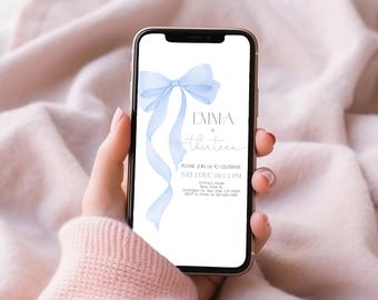 Blue Bow Birthday Evite, Girl Coquette Ribbon Digital Invitation, Watercolor Elegant Soft Pastel Mobile Phone Text Invite, EDITABLE AT63B