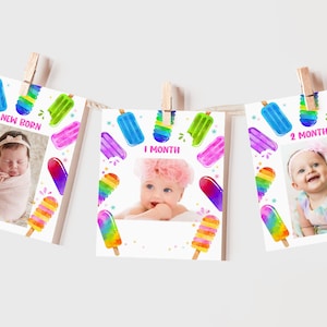 Popsicle Monthly Photo Banner Boy Girl 1st Birthday Party Decor Ice Cream Summer Party 12 Month Bunting Flag Pop On Over EDITABLE BT79P