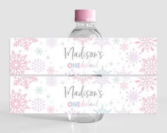 Étiquette de bouteille d'eau flocon de neige, pays des merveilles d'hiver, étiquettes de boissons, décoration de fête d'anniversaire fille, autocollant imperméable d'hiver Onederland imprimable BT30P