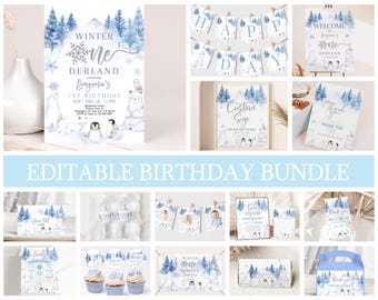 May include: Editable printable set for a winter wonderland themed first birthday party. The set includes a variety of items such as invitations, banners, cupcake toppers, favor boxes, and thank you cards. The design features a blue and white color scheme with penguins, polar bears, and snowflakes.
