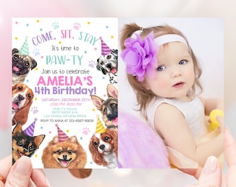 May include: A pink and blue birthday invitation with a paw print theme. The invitation says "Come, Sit, Stay. It's time to Paw-ty. Join us to celebrate Amelia's 4th Birthday!" with a picture of a little girl wearing a purple flower headband.