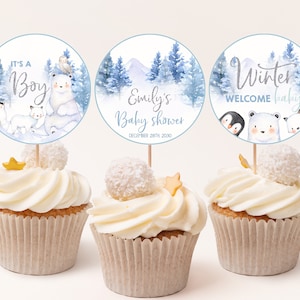 Winter Wonderland Baby Shower Cupcake Toppers Baby It&#39;s Cold Outside Boy Baby Shower Party Decor Polar Bear Arctic Animals Printable BS06B
