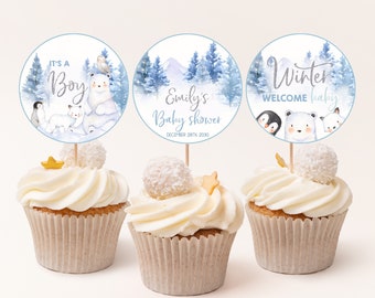 Winter Wonderland Baby Shower Cupcake Toppers Baby It's Cold Outside Boy Baby Shower Party Decor Polar Bear Arctic Animals Printable BS06B