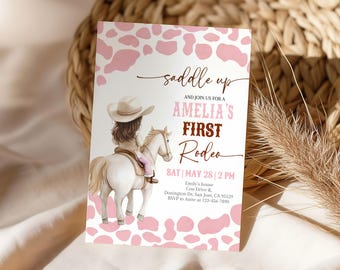 My First Rodeo Birthday Invitation Cowgirl 1st Birthday Invite Wild West Party Western Pink Horse Saddle Up Rustic Country EDITABLE AT75P