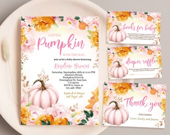 May include: A pink and orange floral baby shower invitation with a pink pumpkin and the text "A Little Pumpkin is on the way..."  Join us for a baby shower honoring Roseline Brown.  Saturday, September 28th at 2:00 PM.  Amelia's House, Pumpkin Drive & Donington Dr, San Jose, CA 95129.  RSVP to Anne at 123-456-7890.  Registered at Amazon and Target.com.