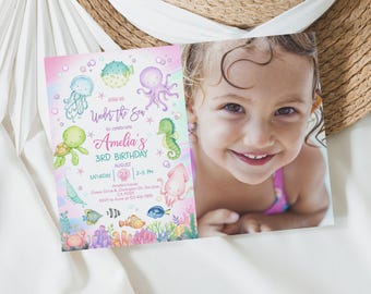 Under The Sea Birthday Photo Invitation Ocean Animals Birthday Party Invite Any Age Cute Oneder The Sea Life Underwater Theme EDITABLE AT07P