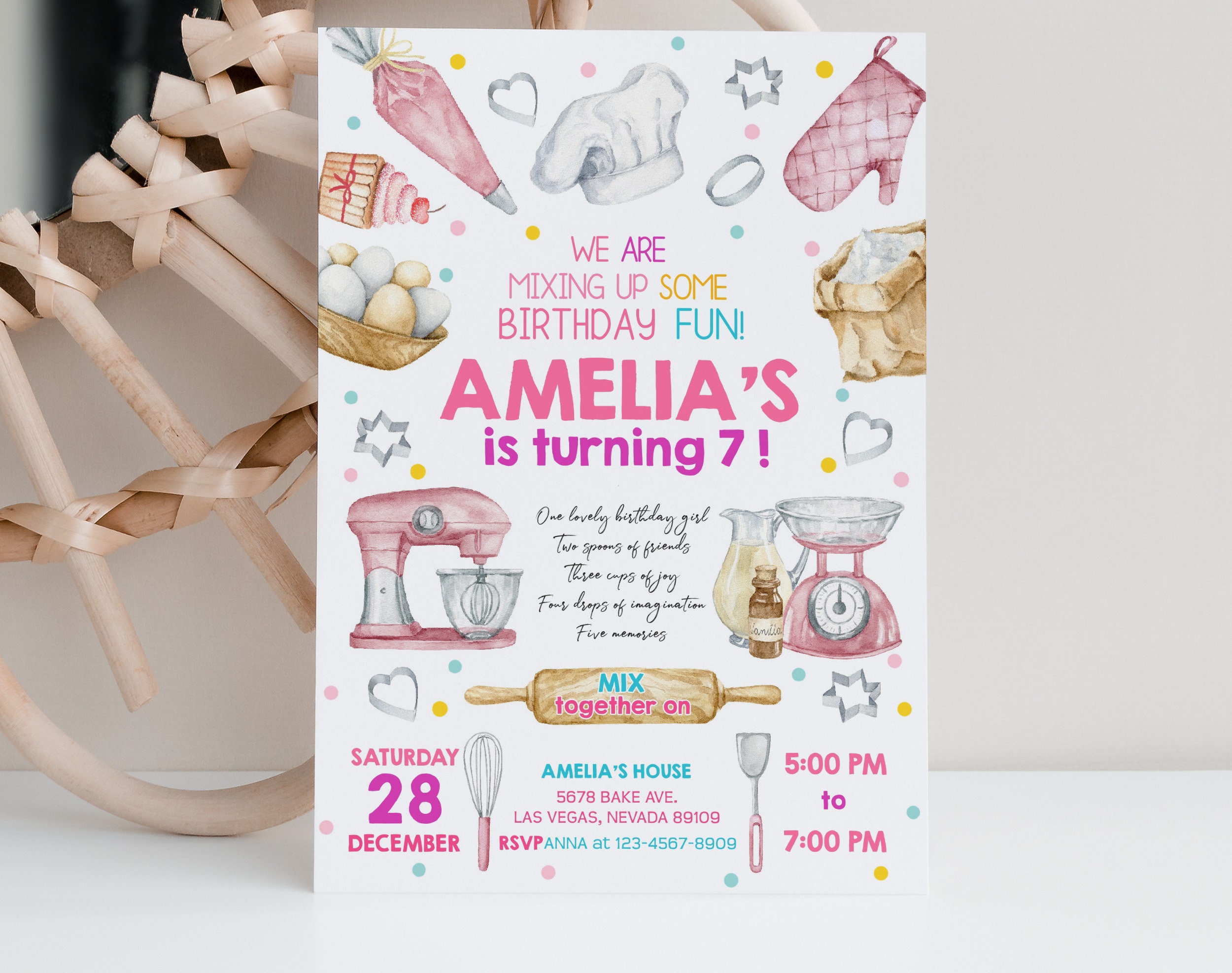 Baking Birthday Invitation Girl Chef Birthday Invite Pink Cooking Party ...