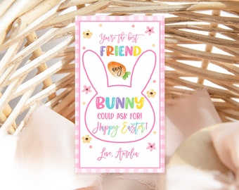 Könnte beinhalten: Eine pinkfarbene und weiße Gingham-Karte mit einer Hasenillustration. Die Karte sagt "You're the best friend any bunny could ask for! Happy Easter! Love, Amelia."