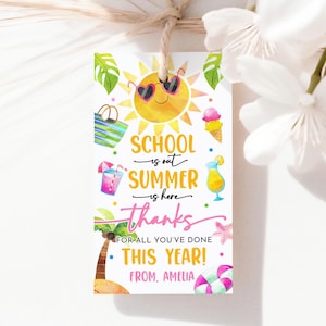 School is Out Summer is here Eindejaar cadeaukaartje leraar waardering gunstlabels Zomerfeest Strand Zon Palmboom Tropisch Afdrukbaar SU02P