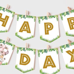 Safari Birthday Banner Jungle Animals Girl Wild One Garland Zoo Party Decor Tropical Pink Balloons Bunting Flag Gold Green Printable BT96P