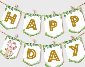 Safari Birthday Banner Jungle Animals Girl Wild One Garland Zoo Party Decor Tropical Pink Balloons Bunting Flag Gold Green Printable BT96P