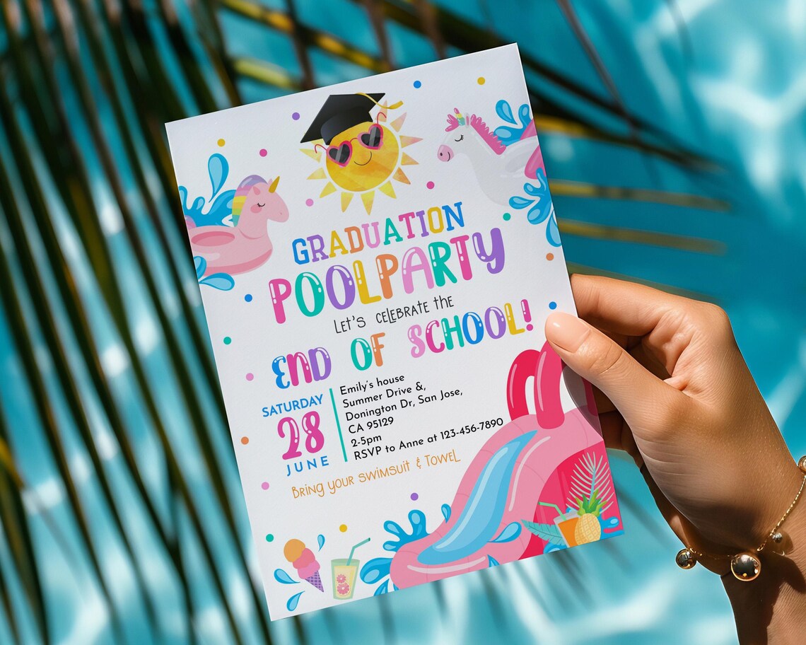 Graduation Pool Party Invitation End of School Year Waterslide Summer ...