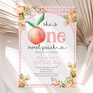 Peach Birthday Invitation One Sweet Peach Invite Little Girl 1st First Birthday Party Pink Gold Floral Summer Fruit EDITABLE Template AT05