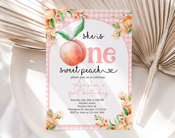 Peach Birthday Invitation One Sweet Peach Invite Little Girl 1st First Birthday Party Pink Gold Floral Summer Fruit EDITABLE Template AT05