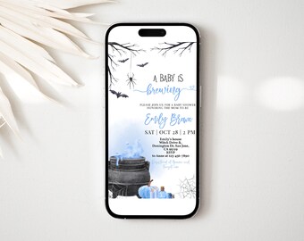 Ein Baby braut Halloween-Babyparty Evite Boy Blaue Hexenkessel Digitale Einladung Handy-elektronischer Text einladen EDITIERBARE BS66B