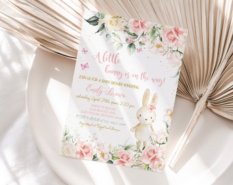 A Little Bunny Baby Shower Invitation, Some Bunny Invite, Spring Flowers Rabbit, Blush Pink Floral Wildflower Party, Easter EDITABLE BS12P