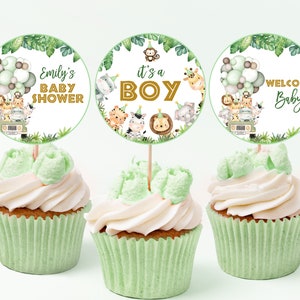 Decorazioni per cupcake a tema safari per baby shower, decorazioni per feste neutre per baby shower, etichette per dessert a tema zoo e giungla, stampabili, BS47G