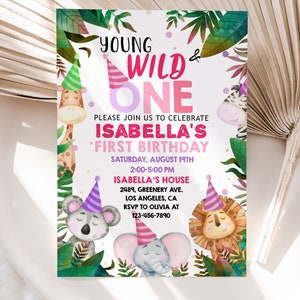 Safari Birthday Invitation Young and WILD ONE Invite Jungle Party Animals Zoo Girl 1st Lion EDITABLE Template Instant Download BTD017