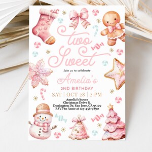May include: Pink and gold invitation for a girl's 2nd birthday party. The invitation features a gingerbread theme with a gingerbread man, a gingerbread stocking, and a gingerbread tree. The text on the invitation reads "Two Sweet Amelia's 2nd Birthday".
