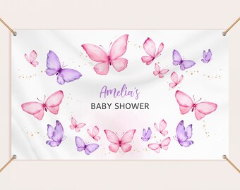 Painel de fundo para chá de bebê com borboletas, decoração unissex para menina, borboletas rosa e roxas, flores, primavera, jardim, festa, cabine de fotos, EDITÁVEL BS36V