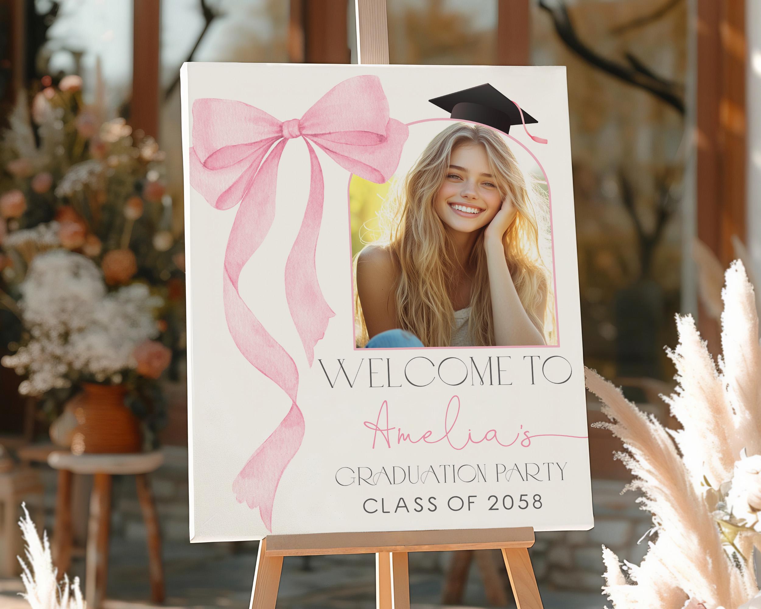Graduationa Signs Pink Pink Bow Graduation Photo Welcome Sign Coquette Grad Party Decor ...