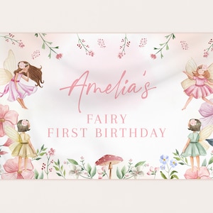 Fada Aniversário Cenário Banner Menina 1º Aniversário Decoração Caprichoso Encantado Floresta Mágica Floral Jardim Chá Festa Foto Cabine EDITÁVEL BT31P