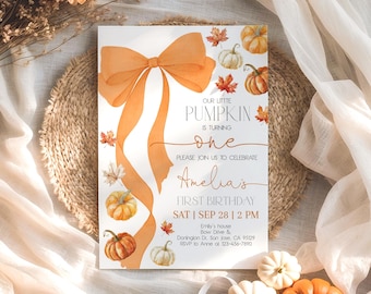Orange Bow Birthday Invitation Pumpkin Ribbon Coquette Girl 1st Birthday Invite Fall Autumn Party Elegant Fallen Leaves EDITABLE AT91O