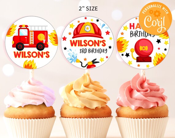 Firetruck Cupcake Toppers Boy 1st First Birthday Party Decor Fireman  Firefighter Fire Truck Fire Department Dessert Labels Printable BT02W