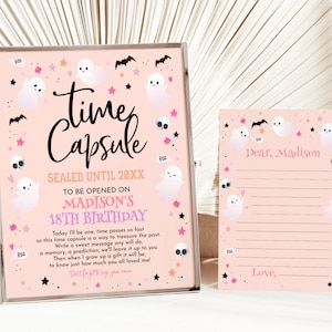 Halloween Birthday Time Capsule Sign Spooky One Girl 1st Birthday Decor Spooktacular Party Pink Ghost Cute Hey Boo Guestbook EDITABLE AT08P